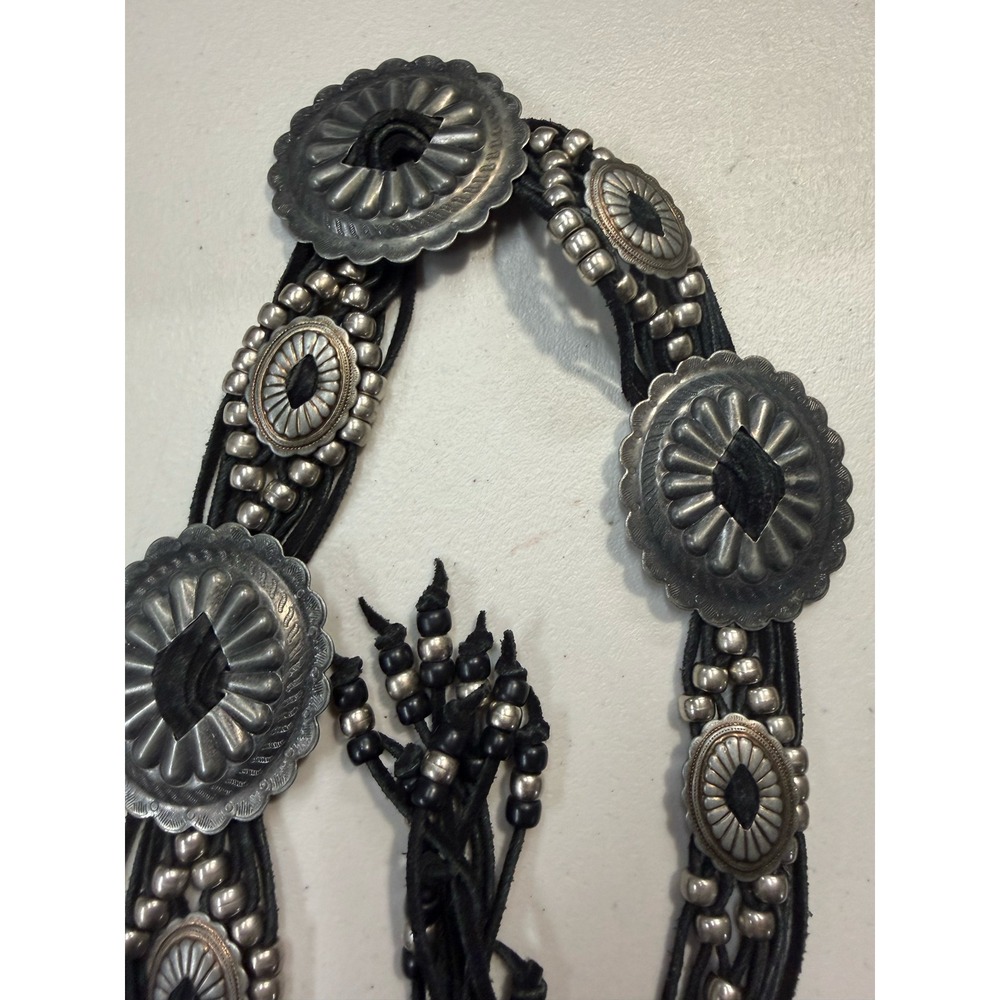 Vintage Southwestern Silver Concho Black Leather Multi Strand Tie Belt Western - Picture 5 of 5